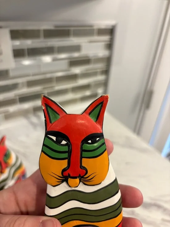 Vintage Laurel Burch style Cat figurines wooden hand painted folk art cat decor - Picture 8 of 9